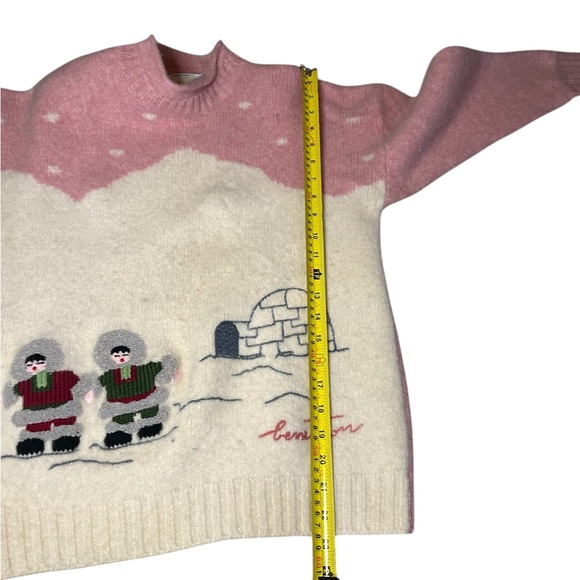 Benetton Vintage Shetland Wool Sweater Eskimo and Igloo figures made in Italy- S - Picture 13 of 16